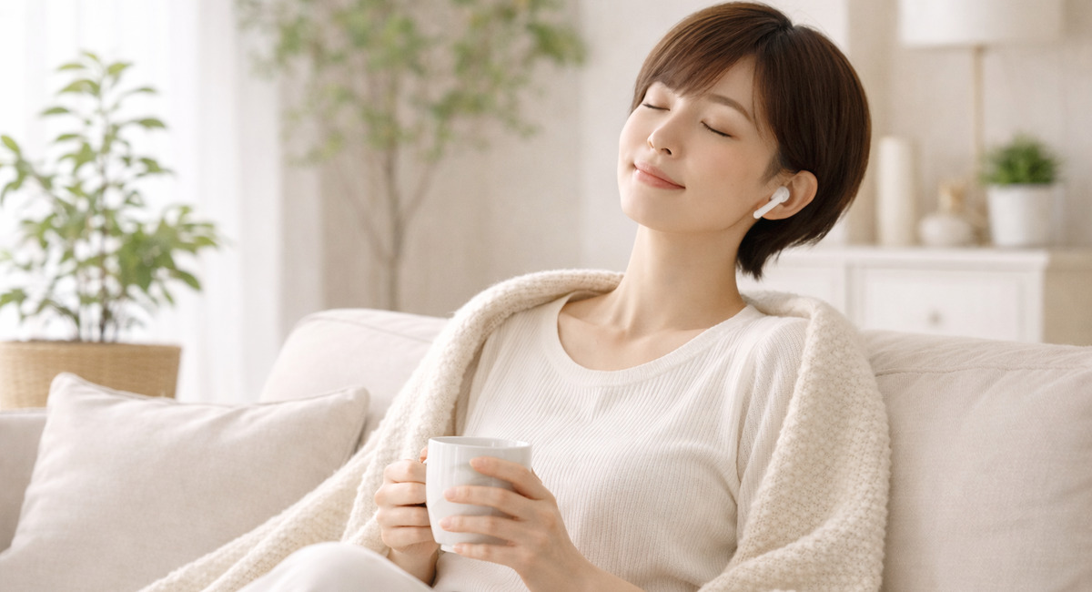 ソファで目を閉じてくつろぎながら温かい飲み物を楽しむショートヘアの女性