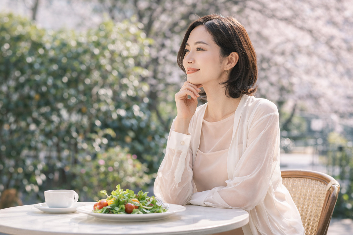 春の光の中、シアー素材のトップスを上品に着こなす女性がテラスでくつろぐ軽やかなワンシーン