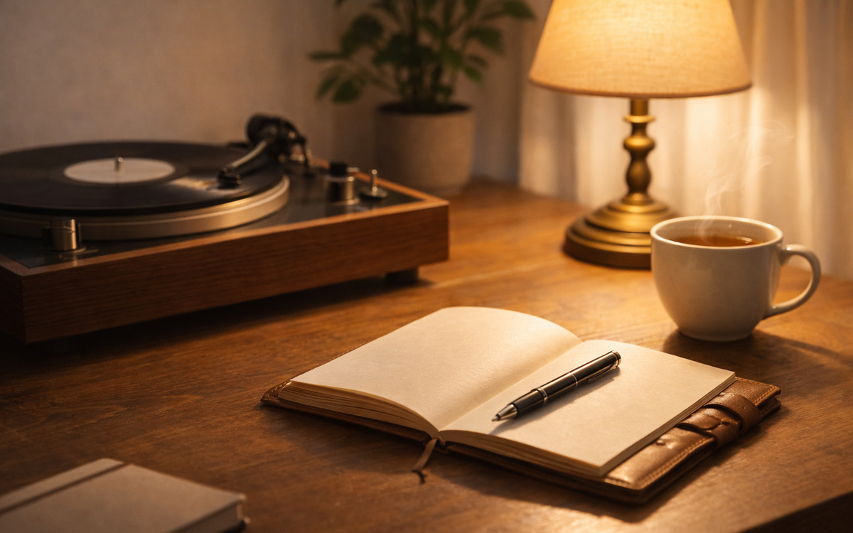 暖かな灯りの中でレコードとノートに向き合い、静かに没入する落ち着いた時間の様子