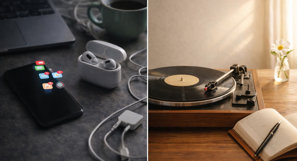 デジタル機器に囲まれた空間と、レコードやノートのある穏やかな時間を対比したイメージ