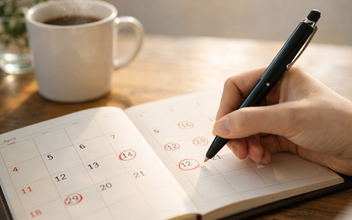 2026年4月のカレンダーに開運日を丸で記入している手元の写真
