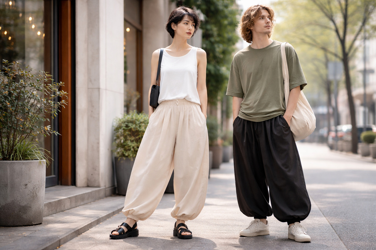 街中で男女がバルーンパンツを自然に着こなし、性別にとらわれない自由なスタイルを表現している