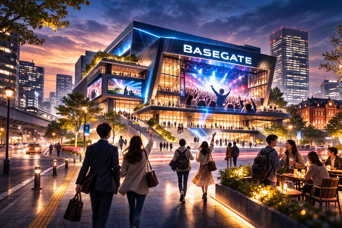 横浜関内のBASEGATE前に広がる夜の街で、人々が光に包まれながら非日常の体験へ向かう様子