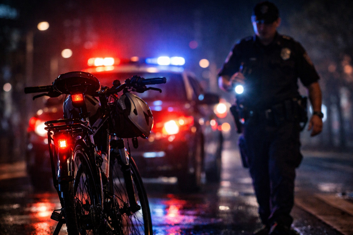 夜道で警察に止められた自転車とパトライトが光る緊張感ある場面