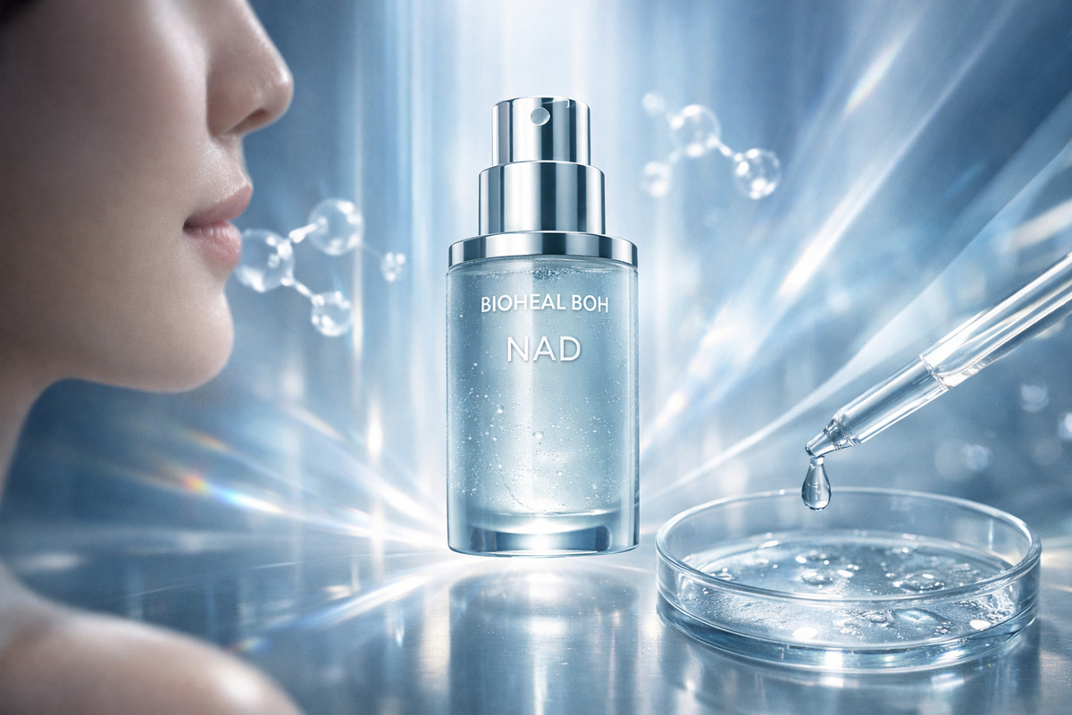 光に包まれた美容液ボトルと滴る液体が、細胞レベルのスキンケアを想起させる未来的なビジュアル