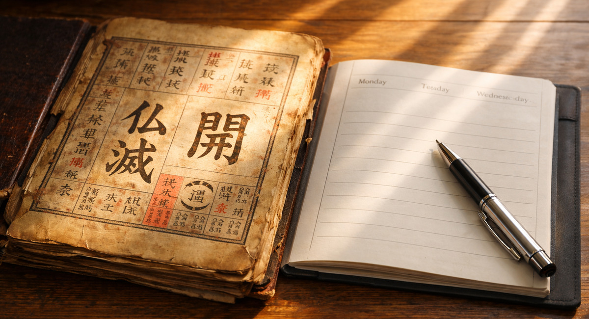 古い暦の「仏滅」と「開」の文字と、隣に置かれた現代の手帳が並ぶ静かな机の風景