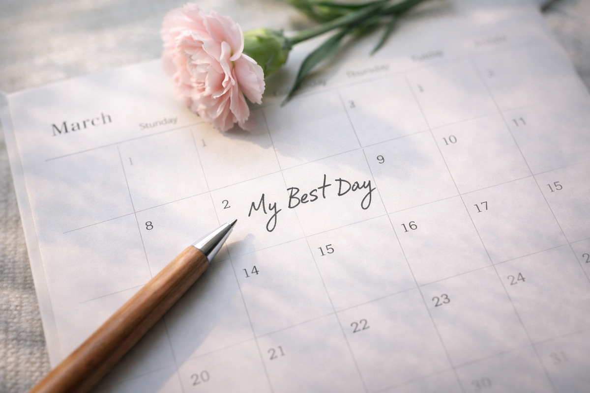 3月のカレンダーに「My Best Day」と書き込み、花とペンが添えられた穏やかなテーブルの風景。