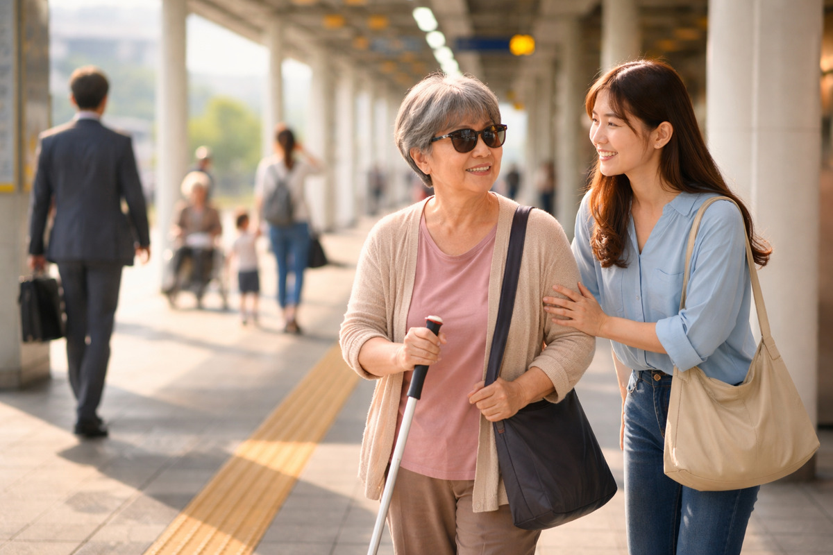 駅のホームで白杖の女性に寄り添い自然に声をかける若い女性の温かな日常風景