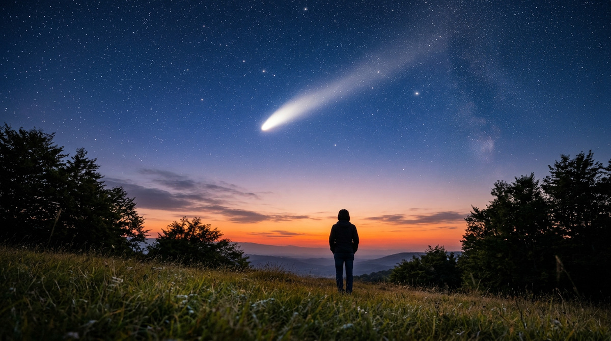夕暮れの丘で彗星を見上げる人物と星空の風景