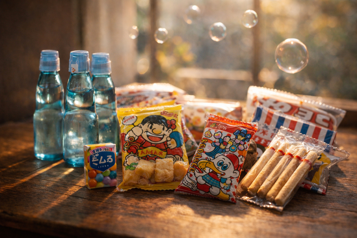 木のテーブルに並んだ懐かしい駄菓子とラムネが、西日の差し込む光の中で温かい思い出を感じさせる