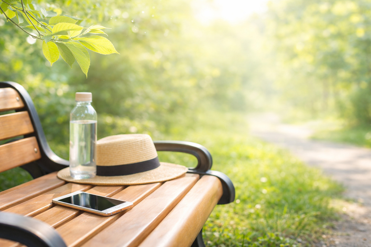 公園のベンチにスマートフォンを置き、自然の中で休息する穏やかな時間