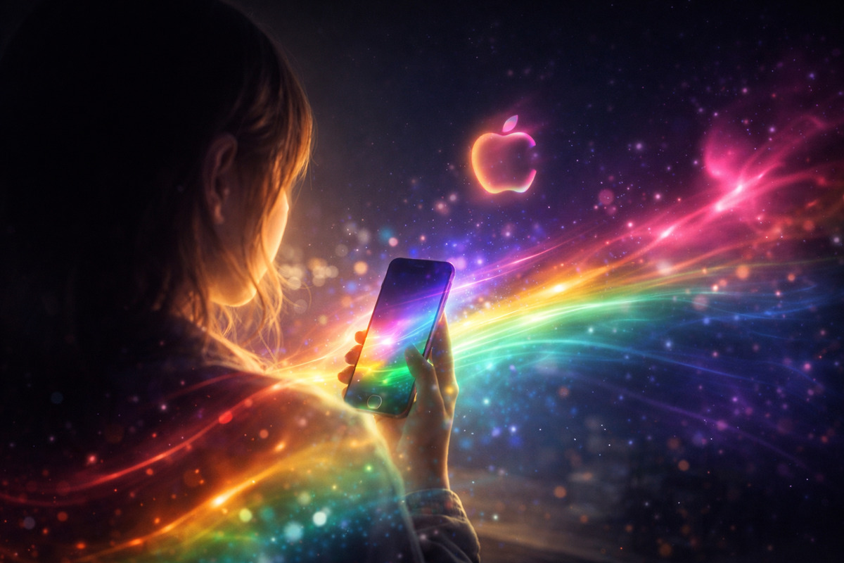 スマートフォンから虹色の光が溢れ、女性の横顔を照らすデジタル表現の広がりを感じる幻想的な一枚