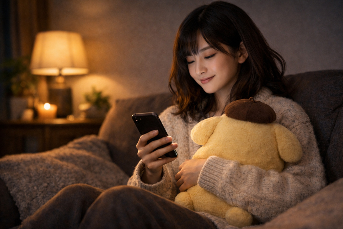夜のリビングでスマホを見ながら、ぬいぐるみを抱えて静かにくつろぐ女性の後ろ姿