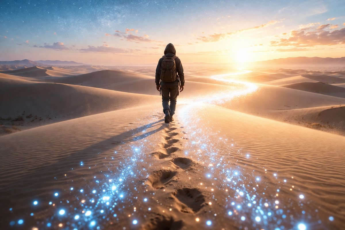 砂漠を歩く人物の足跡が光の粒となって続く幻想的な風景