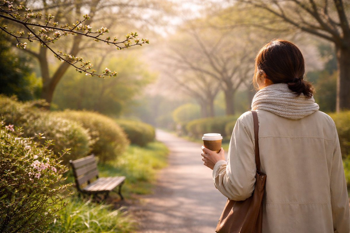 早春のご近所公園をコーヒー片手に散歩する穏やかな時間。桜はまだ蕾の状態。