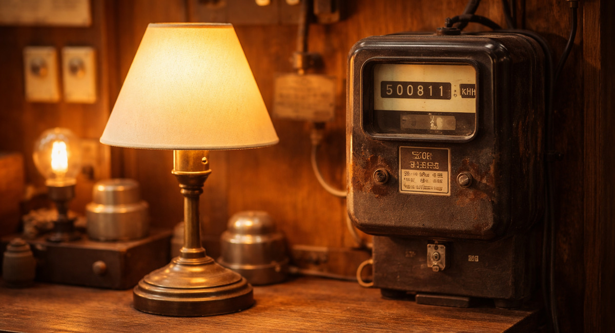 温かい光を灯すレトロなランプと古い電気メーターが並ぶ、時代を感じる落ち着いた空間