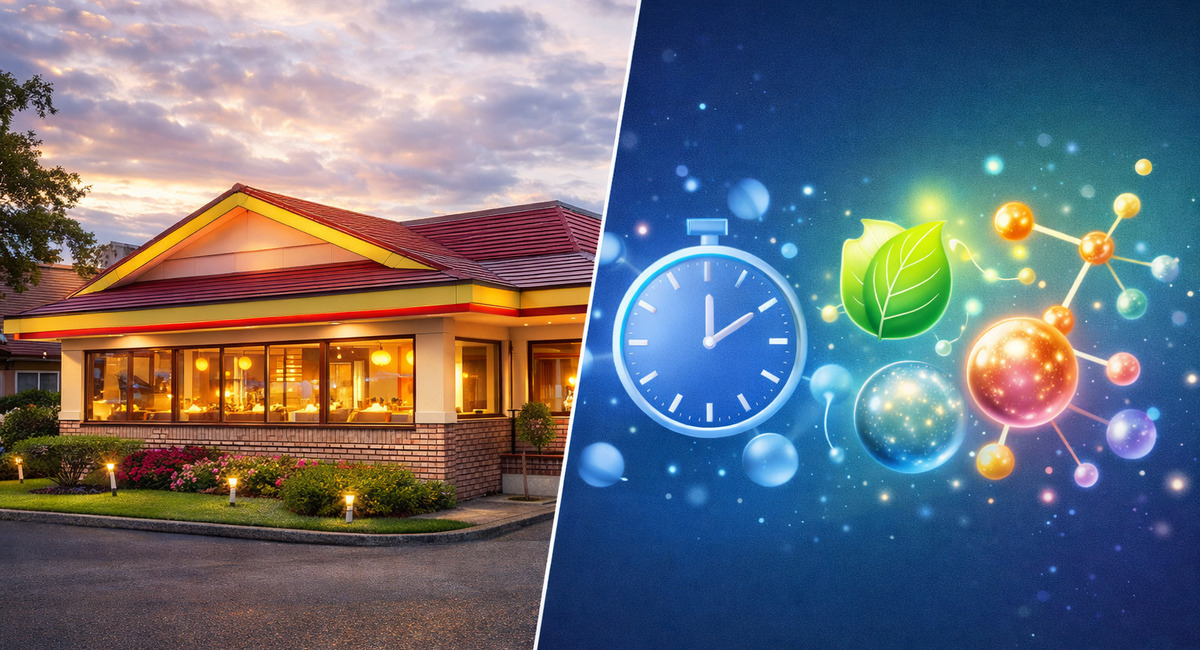 ファミリーレストランの外観と栄養素のイメージを対比した、食事の新しい選択を示す画像