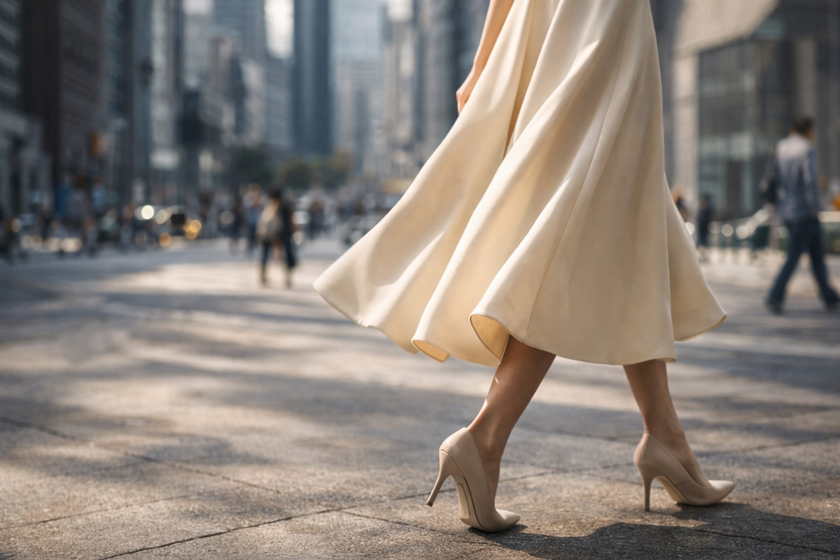都会の街を軽やかに歩く女性のスカートの裾が風に揺れ、日常がランウェイのように感じられる瞬間
