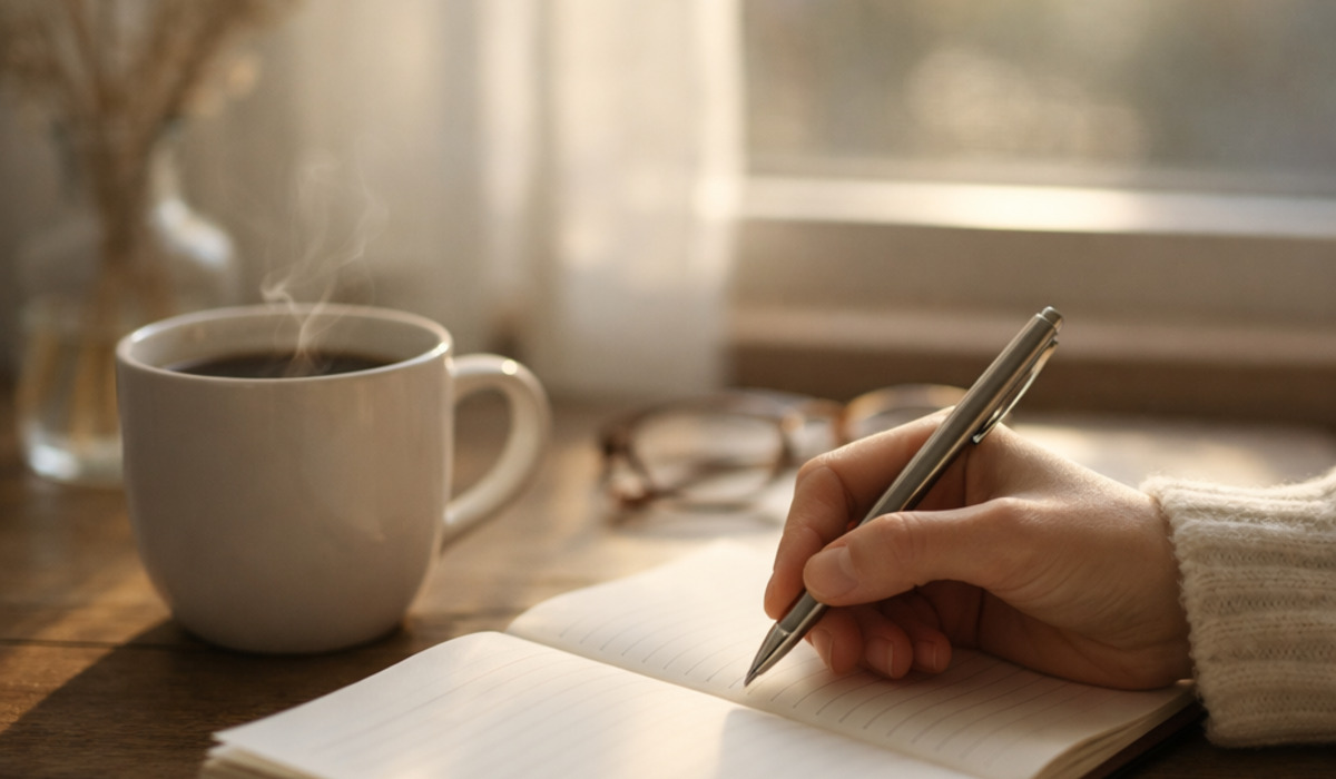 朝の窓辺でコーヒーを飲みながら手帳に感謝を書き留める静かな時間