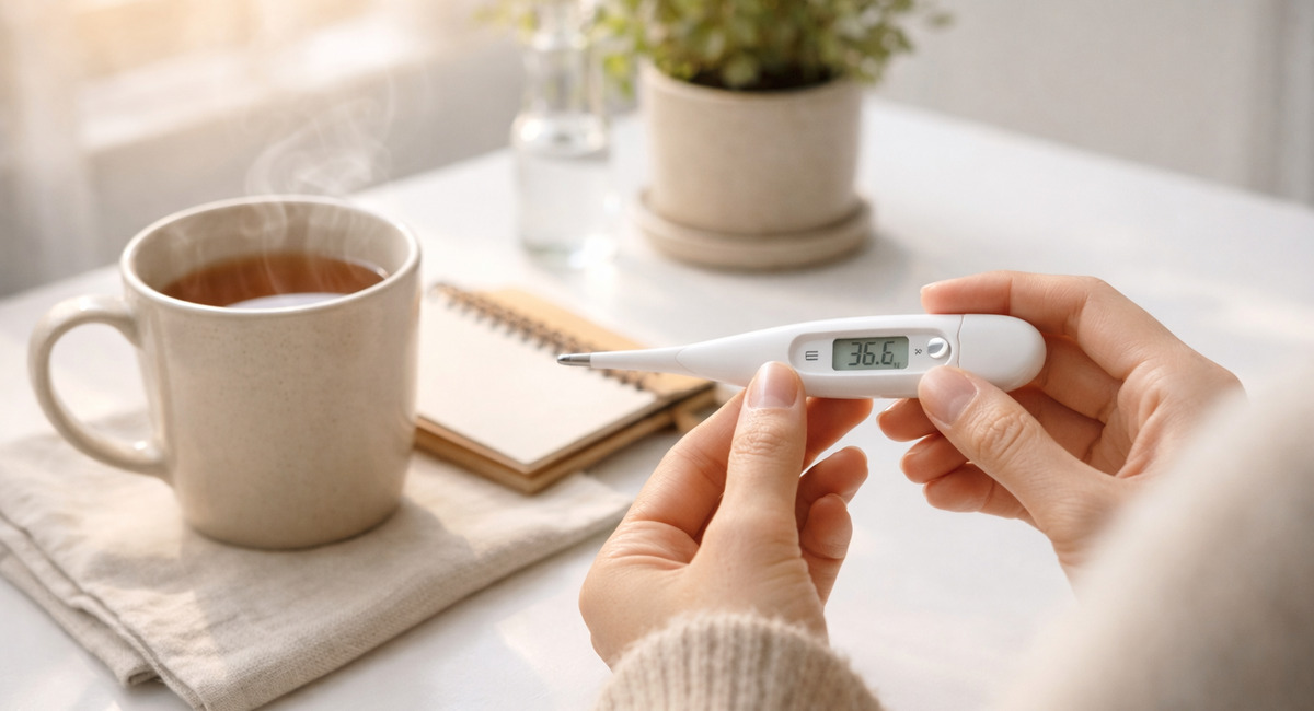 朝の光が差し込む白いテーブルで体温計を確認し、温かいお茶と共に静かに体調を整えるひととき
