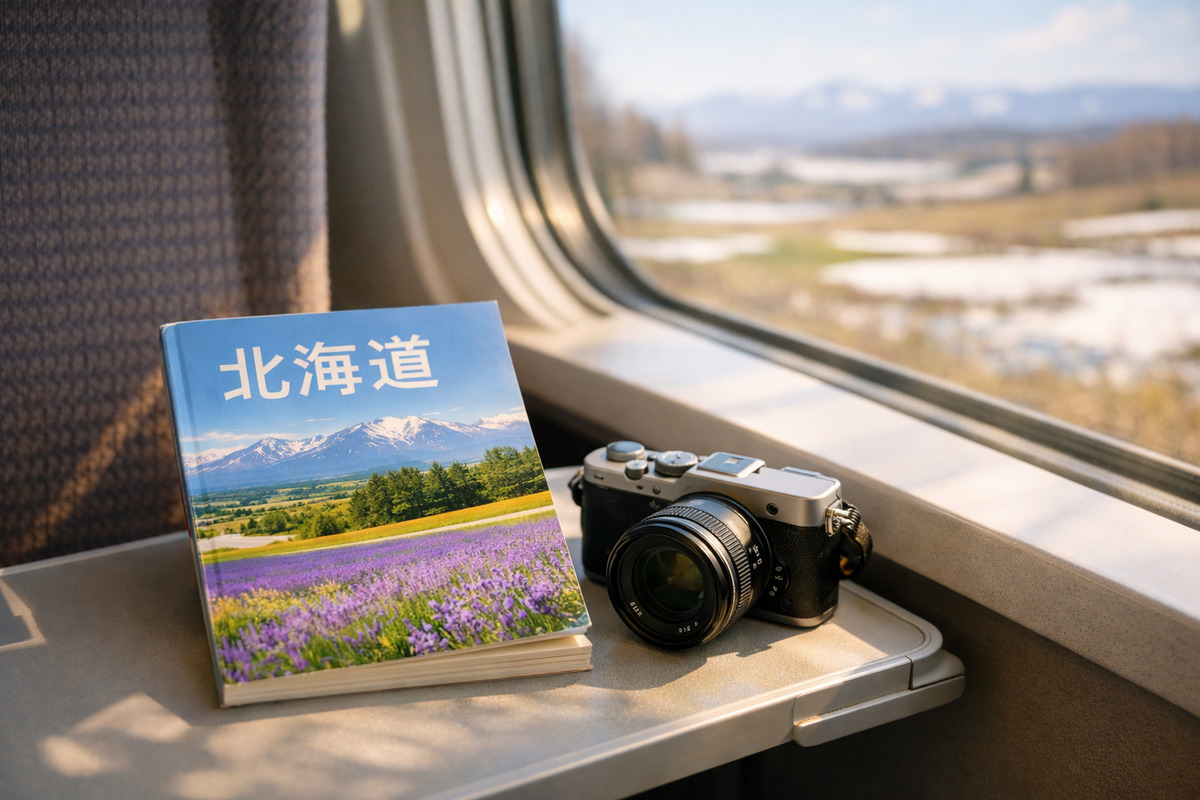 新幹線の車窓とテーブルに置かれた北海道のガイドブックとカメラ、週末旅行の静かな時間を感じる一枚