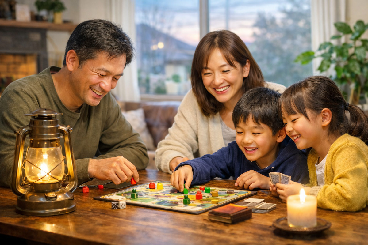 ランプの灯りの下で家族がボードゲームを楽しむ、外部に左右されない穏やかな暮らしのイメージ
