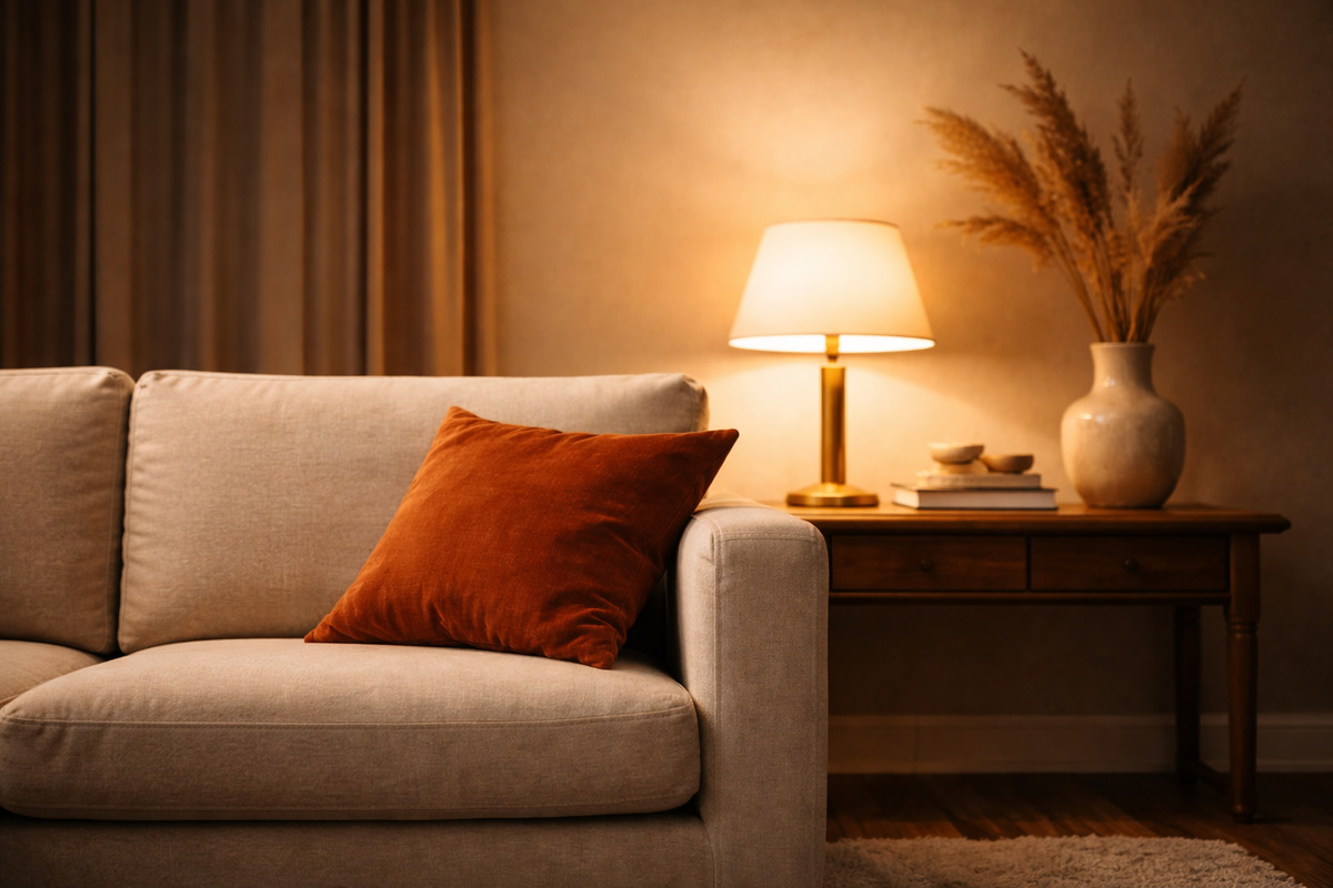 暖かい間接照明の部屋でソファに置かれたテラコッタ色のクッション