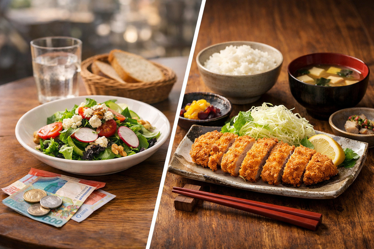 スイスの高価なサラダと日本の定食を並べ、物価の違いを視覚的に示した比較写真
