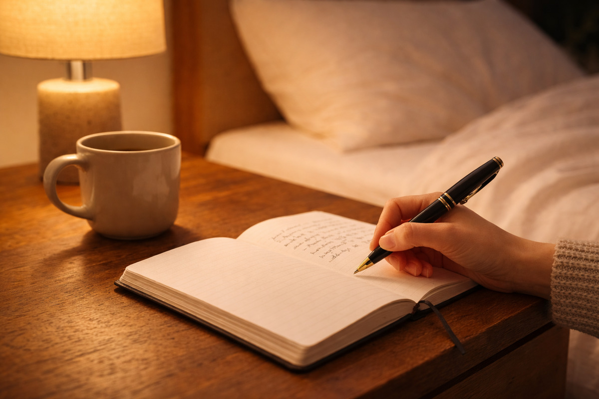 間接照明の下でノートにペンを書きながらジャーナリングをする夜のセルフケア時間のイメージ
