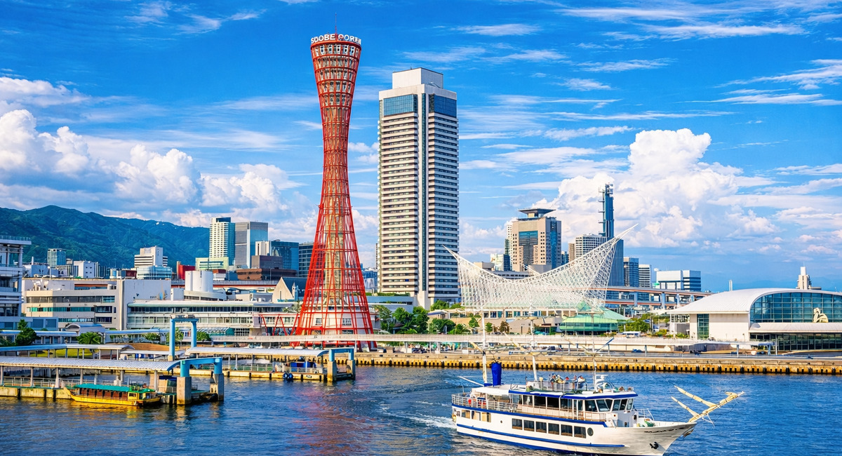 神戸ポートタワー周辺の港と街並みを捉えた、展示会場をイメージした風景