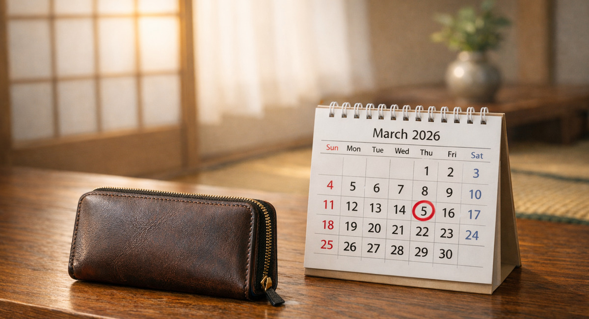 2026年3月5日の最強開運日を示すカレンダーと革財布