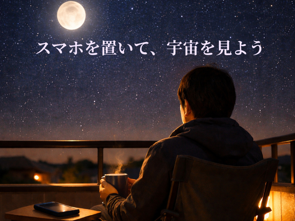 ベランダでスマホを置き、マグカップを手に夜空を見上げる人物の後ろ姿