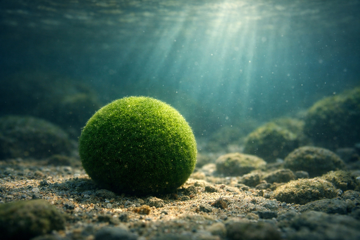 阿寒湖の水底で静かに佇むマリモに光が差し込む幻想的な水中風景