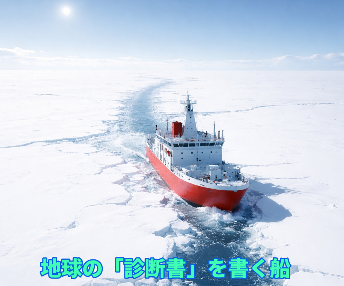 北極の氷原を進む赤い研究船の姿。白い氷の世界を切り裂くように航行する砕氷船のイメージ。