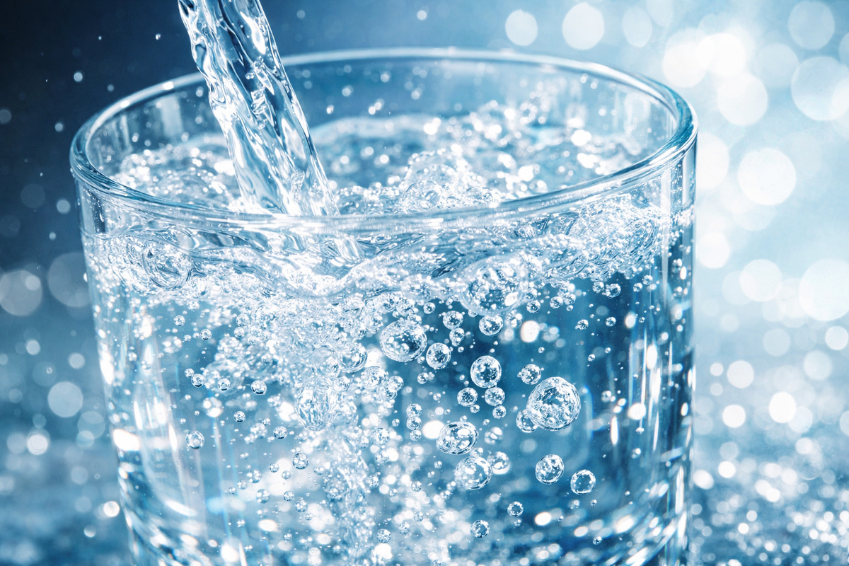 グラスに注がれる透明な炭酸水と美しく弾ける気泡のクローズアップ