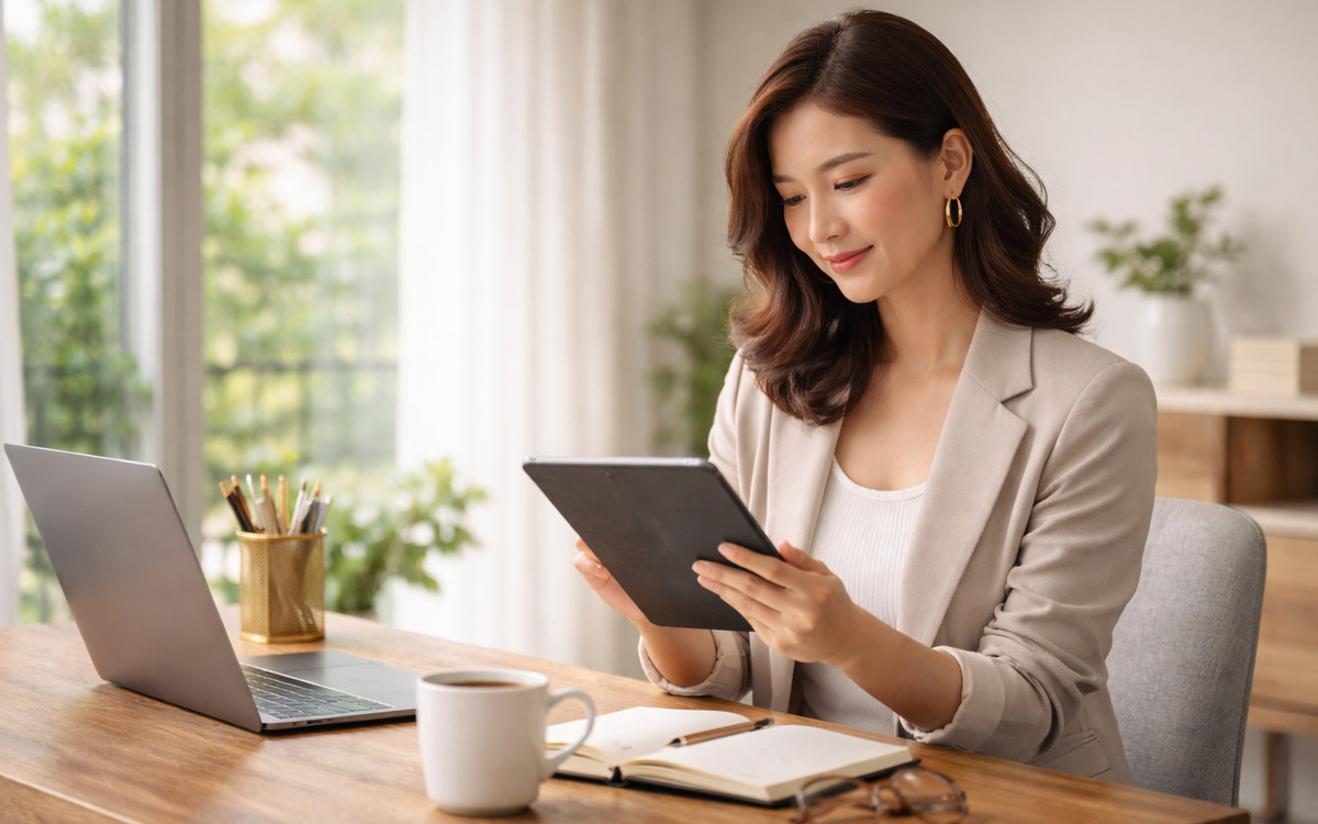 自宅ワークスペースでタブレットを確認するジャケット姿の女性