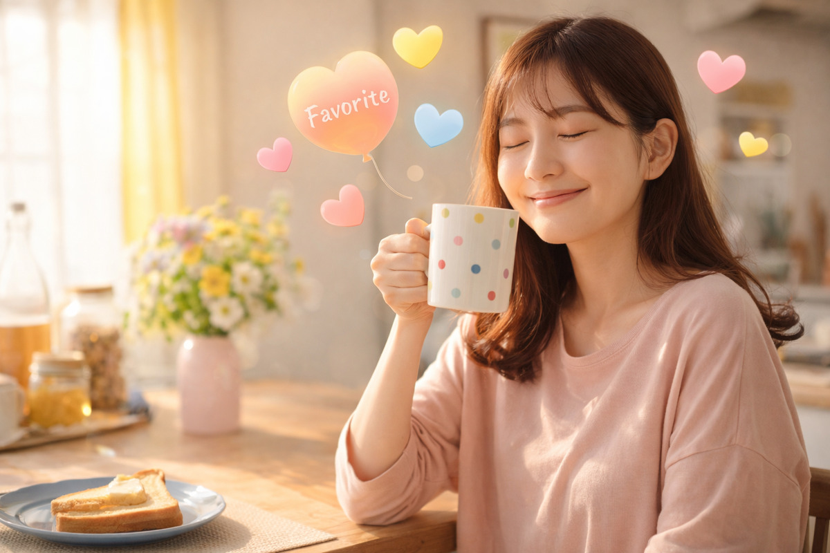 朝の光の中でお気に入りのマグカップを手に穏やかな時間を楽しむ女性の様子