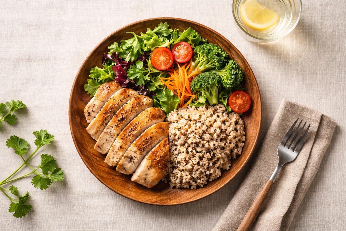鶏肉と野菜と雑穀米を盛り付けた栄養バランスの良いワンプレート料理