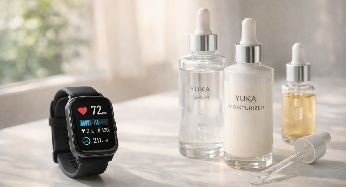スマートウォッチとパーソナライズされたスキンケアボトル