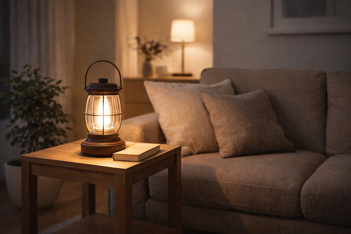 インテリアとしても使えるLEDランタンを置いた落ち着いたリビング空間。