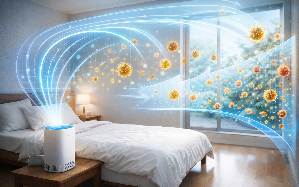 空気清浄機が花粉を吸い込み室内の空気の流れを整える、花粉対策のイメージ