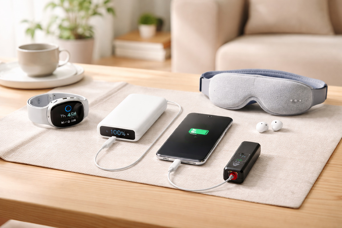 温かみのあるリビング空間のテーブルに整然と並べられた睡眠ガジェットやポータブル充電器、レーザーメジャーなどのQOL向上アイテム。