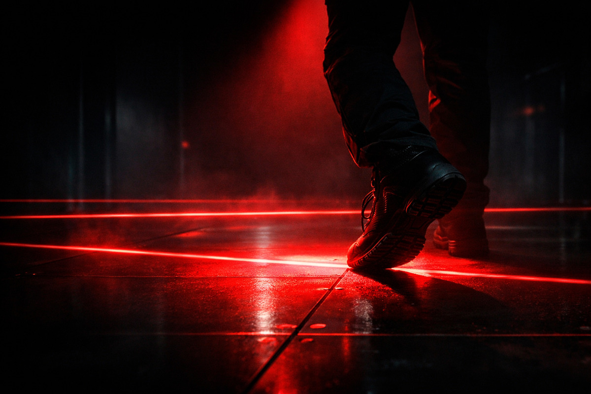 暗闇の空間で赤いレーザーを避けながら慎重に歩く人物の足元。無音ミッションの緊張感を表現したシーン。