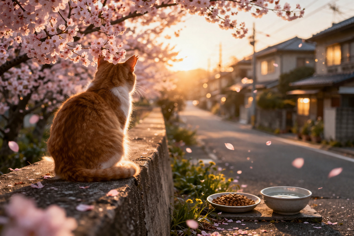 桜が咲く街角で、耳のカットされた猫が夕暮れの光の中で静かに佇む春の風景
