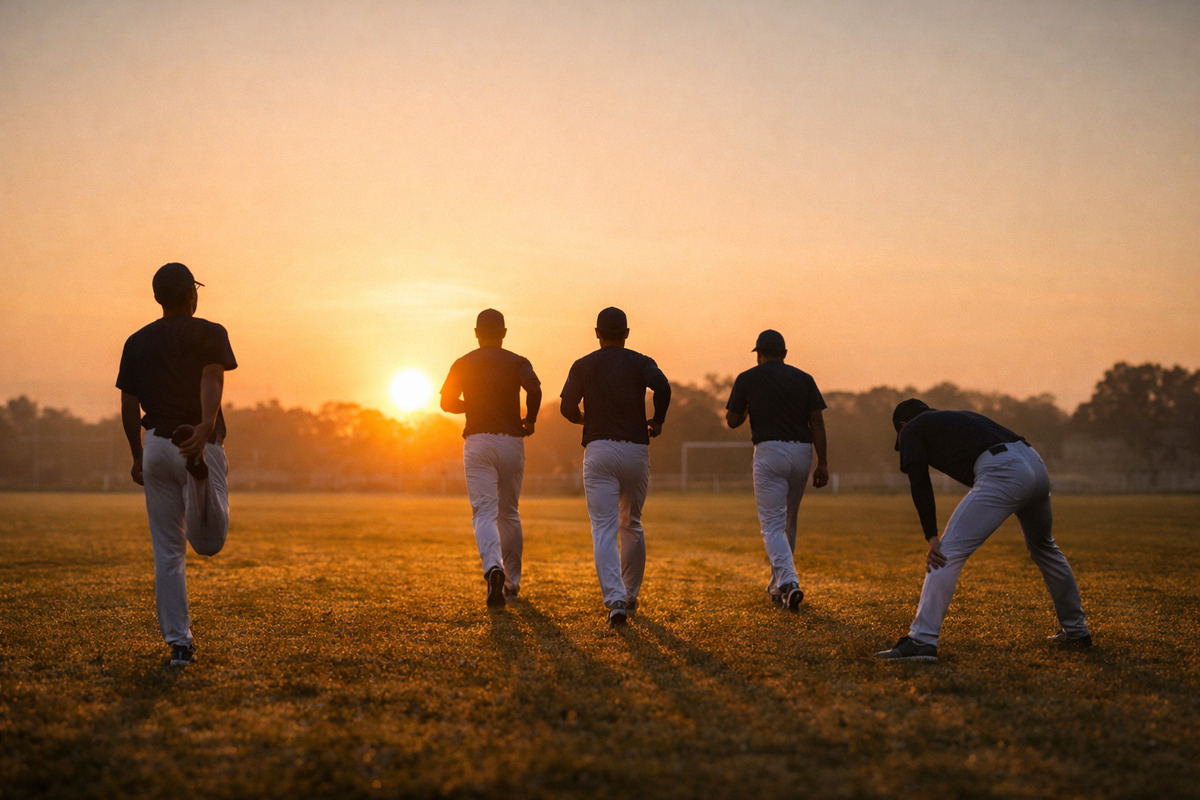 朝日が昇るグラウンドで複数の選手がウォームアップする朝練の風景