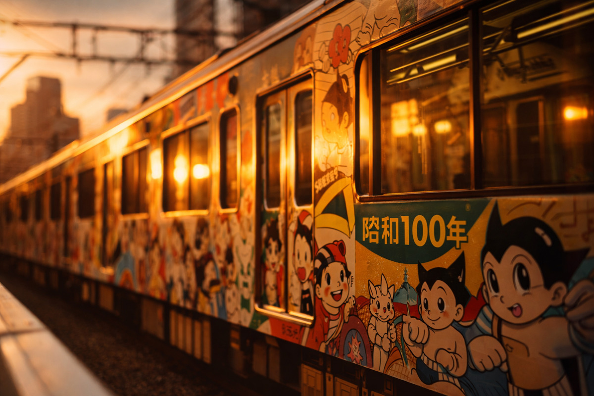 夕焼けに照らされた昭和トレインの車体に懐かしいキャラクターが映える、ノスタルジックな瞬間