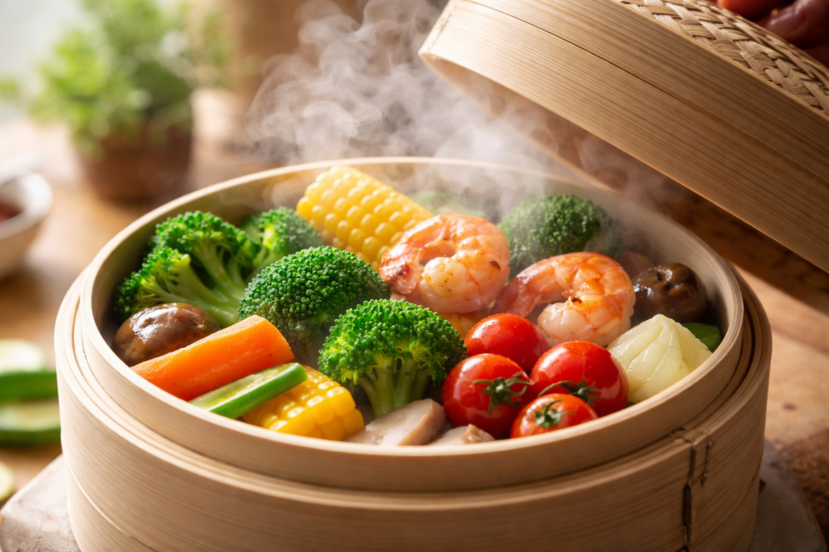 せいろの蓋を開けた瞬間に湯気と色鮮やかな食材が広がる料理シーン