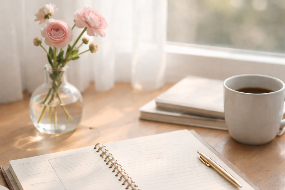 手帳と花を置いた静かなデスクで自分時間を過ごすセルフケアのイメージ
