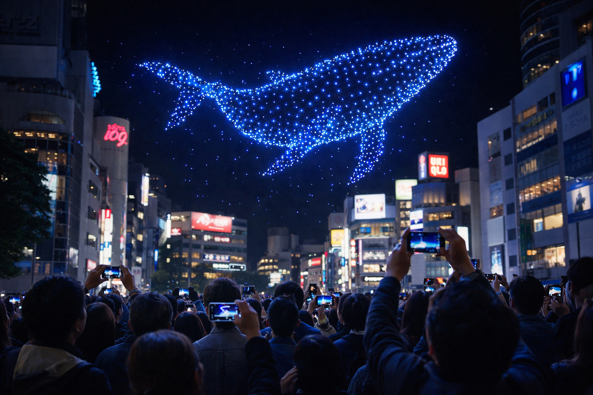 渋谷の夜空に浮かぶドローンの光のクジラを、多くの観客がスマートフォンで撮影している様子