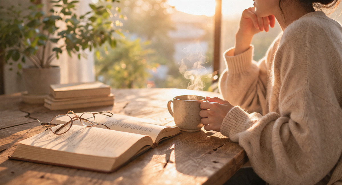 朝の光に包まれながらコーヒーと本をゆっくり楽しむ、穏やかな時間のひととき